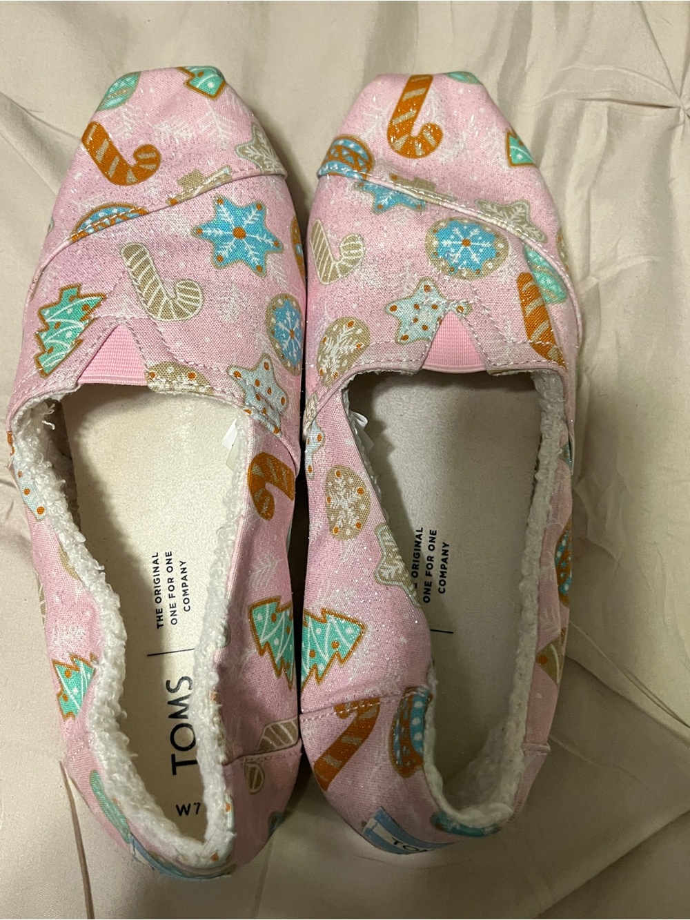 TOMS Pink Holiday Cookie Print Slip-Ons